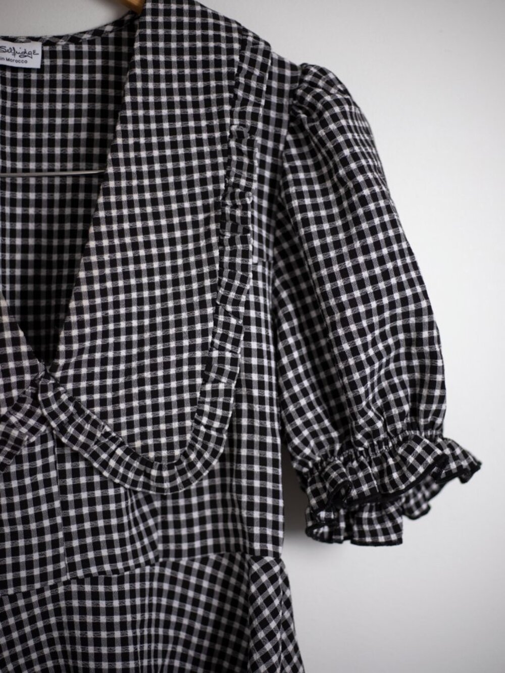 Black White Gingham Puff Sleeve Mini Dress | Ruffle Bib Collar | Size 6 - Picture 9 of 12